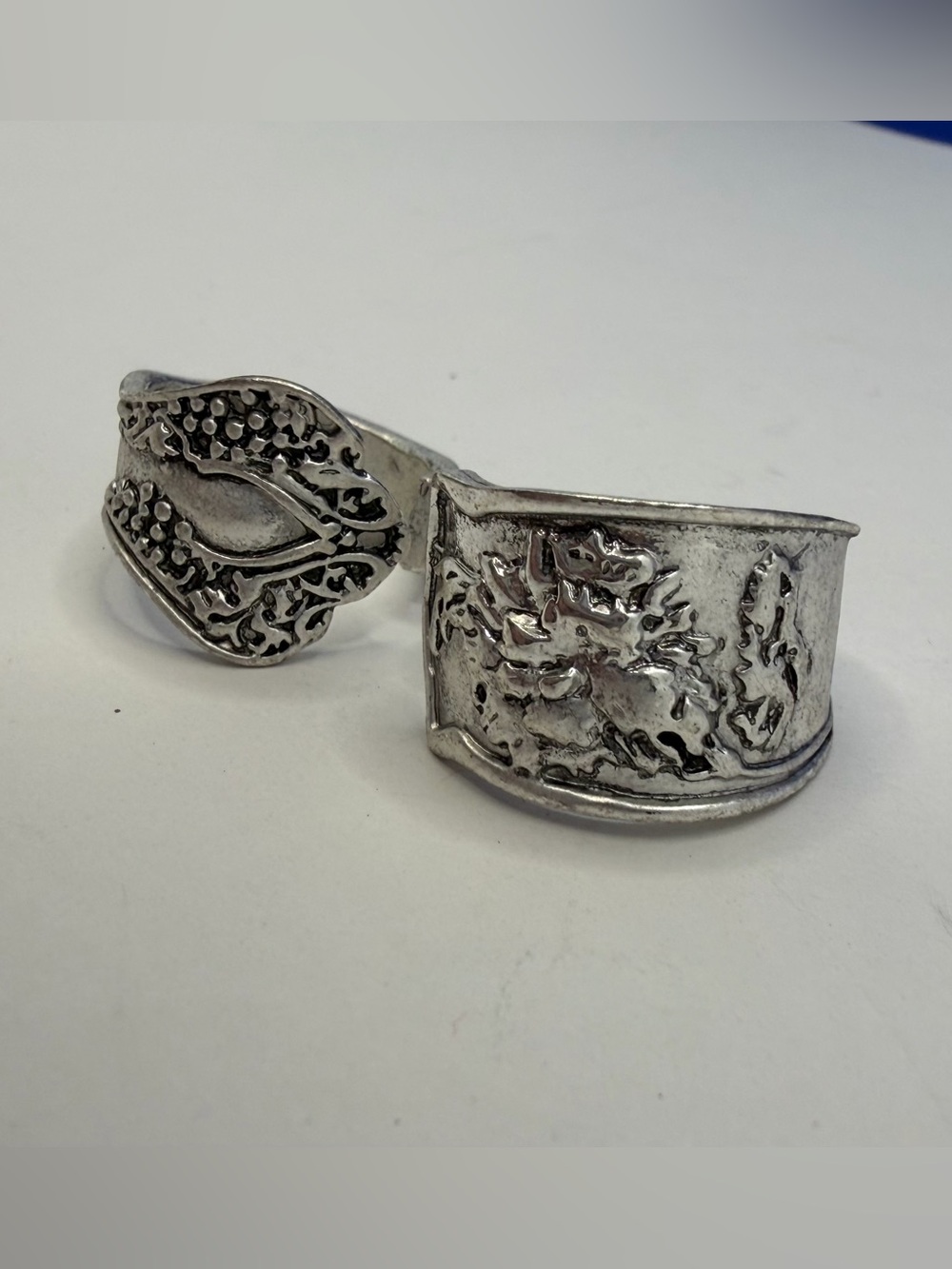 Silver Tone Spoon Rings Set of 2 Floral Rose Vintage Style Adjustablet